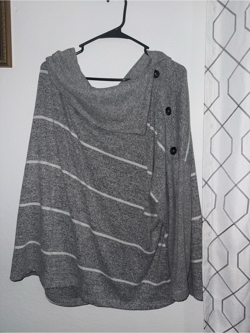 Maurices Gray & White Striped Button-Shoulder Poncho Sweater